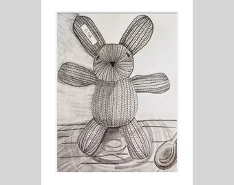 Original Knitted Rabbit Graphite Drawing, White Mat Framed Wall Art (8x10)