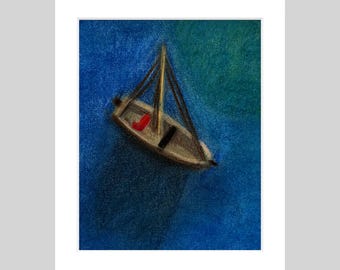 Original Boat Pastel Drawing, White Mat Framed Wall Art (8x10)