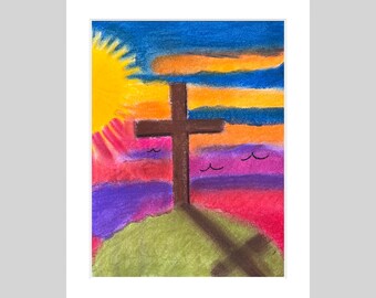 Original Pastel Cross Sunset Drawing, White Mat Framed Wall Art (8x10)