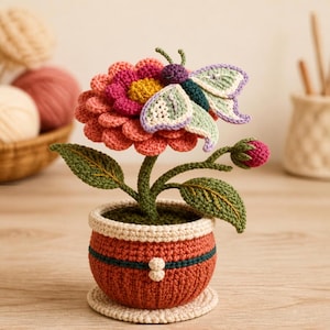Handmade Crochet Flower Plant, Amigurumi Yarn Decor, No-Care Gift