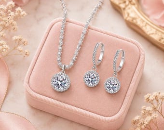 Set di gioielli da donna in argento sterling 925, composto da collana e orecchini con zirconi, elegante set di gioielli, regalo di nozze.