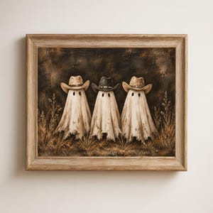 Könnte beinhalten: Ein gerahmtes Gemälde, das drei Geisterfiguren in einem Feld aus hohem Gras zeigt. Jeder Geist trägt einen Cowboyhut, wobei die beiden äußeren Figuren beige Hüte und die mittlere Figur einen dunkelbraunen Hut tragen.