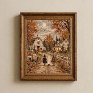 Könnte beinhalten: Ein gerahmter Kunstdruck, der eine ländliche Herbstszene in der Dämmerung zeigt. Drei Figuren in Halloween-Kostümen gehen einen Feldweg entlang auf eine weiße Scheune und ein Haus zu. Ein alter Pickup voller Kürbisse steht links, umgeben von herbstlichem Laub und einem Vollmond am Himmel.