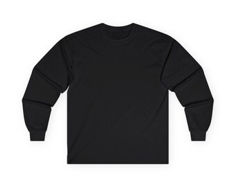 May include: A solid black long-sleeve shirt featuring a classic crew neckline and ribbed cuffs at the wrists. The garment is constructed from a plain, opaque fabric with a consistent dark tone throughout the entire front and sleeve sections.