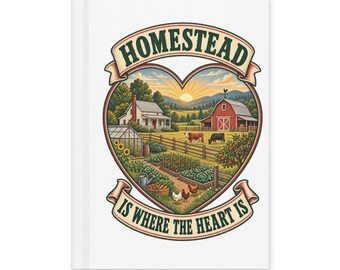 May include: A white hardcover journal featuring a heart-shaped illustration of a farm scene with a house, red barn, garden, cows, and chickens. The text HOMESTEAD IS WHERE THE HEART IS is printed in dark green letters on banners above and below.