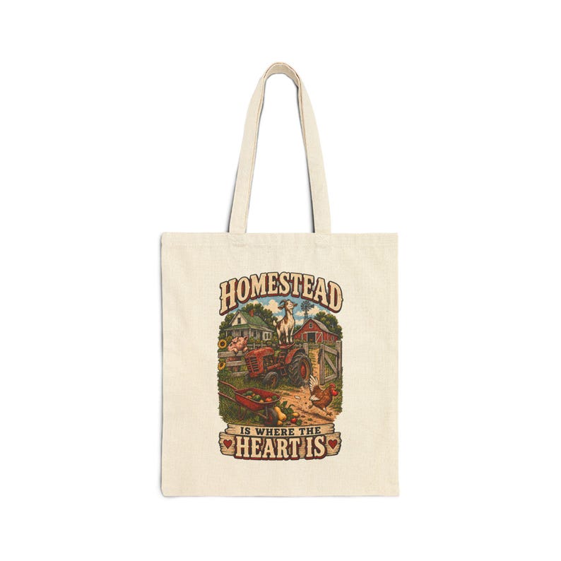 Homestead Is Where the Heart Is Tote Bag, Funny Farm Animals Canvas Shopping Bag image 1