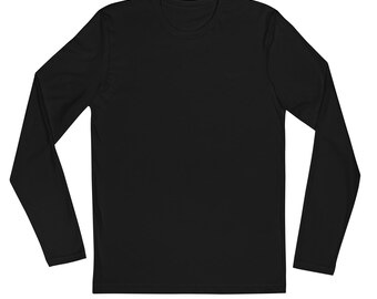 May include: A solid black long-sleeve shirt featuring a classic crew neckline and straight-cut sleeves. The garment is constructed from a plain, opaque fabric with a consistent dark tone throughout the entire piece, including the cuffs and hem.
