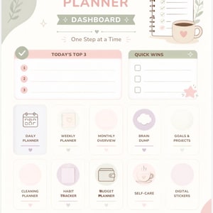 May include: An ADHD Life Planner dashboard page with a soft pastel color palette. It features sections for Today's Top 3, Quick Wins, and a grid of icons for Daily Planner, Weekly Planner, Monthly Overview, Brain Dump, Goals, Projects, Cleaning, Habit Tracker, Budget Planner, Self-Care, and Digital Stickers.