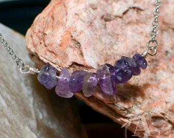 Amethyst Gem Chip Bar Necklace • Handmade Stone Beads on Wrapped Wire Pendant & Silver Tone Chain • Boho Chic Holistic Gift