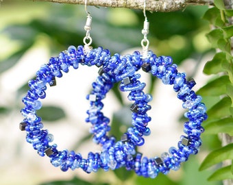 Cobalt Blue Beaded Hoop Dangle Earrings • Double-Wrapped Wire With Hematite, Crystals & Variegated Glass Beads • Sparkly Gift For Her