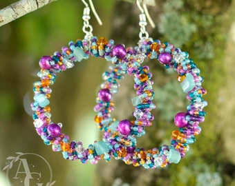 Colorful Beaded Hoop Dangle Earrings • Sparkle Beach Vibes • Double-Wrapped Wire With Real Pearls, Crystals & Variegated Glass Beads