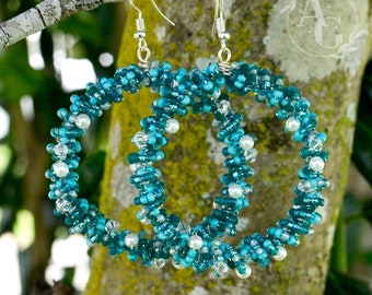 Beach Chic Aqua Teal Blue Hoop Dangle Earrings • Double-Wrapped Wire With Faux Pearls, Crystals & Variegated Glass Beads