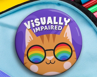Épingle pour malvoyants - Chat à lunettes arc-en-ciel - Basse vision, non-voyant et cécité - Bouton mode pour enfants