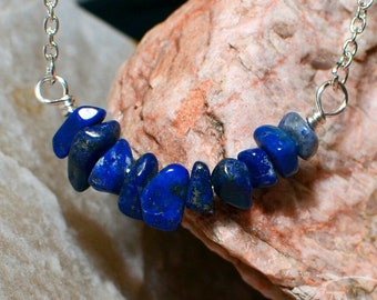 Lapis Lazuli Gem Chip Bar Necklace • Handmade Stone Beads on Wrapped Wire Pendant & Silver Tone Chain • Boho Chic Holistic Gift