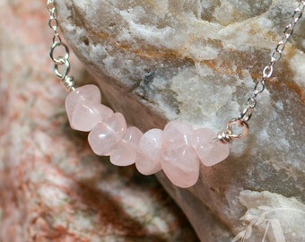 Rose Quartz Gem Chip Bar Necklace • Handmade Stone Beads on Wrapped Wire Pendant & Silver Tone Chain • Boho Chic Holistic Gift
