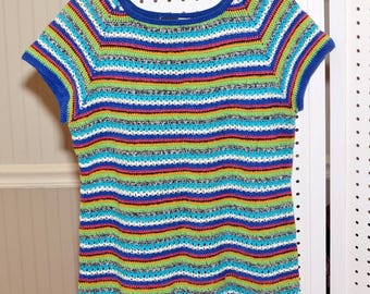 Vintage Beldoch Popper Medium Retro Rainbow Stripe Crochet Sweater Tee Top