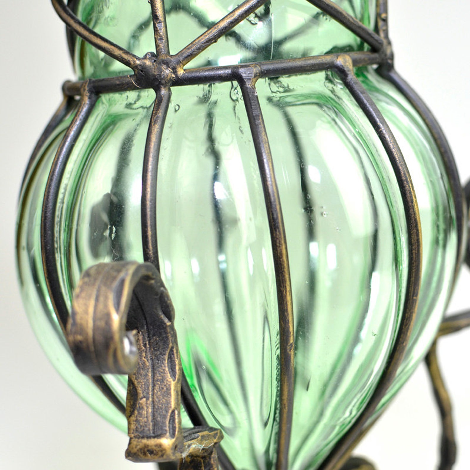 Emerald Green Blown Art Glass Vase Molded in Iron Stand Chic Etsy