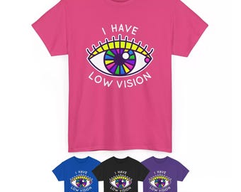 Sensibilisation aux aveugles « J'ai une basse vision » Sécurité pour les malvoyants/la cécité - T-shirt unisexe en coton épais rétro arc-en-ciel