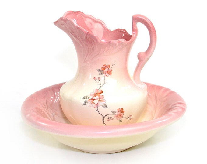 Pink Pitcher & Wash Basin Bowl Set Ceramic, Transfer Floral Accents in