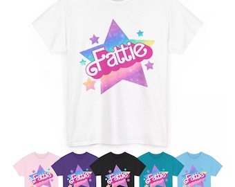 T-shirt graphique rose pour poupée « Fattie » rétro - Logo BBW Fat Girl des années 90 grande taille + étoiles arc-en-ciel