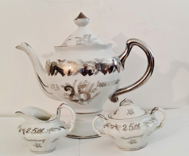 Covered Sugar Vintage Norcrest Fine China 25th Anniversary Covered Tea Pot Creamer
