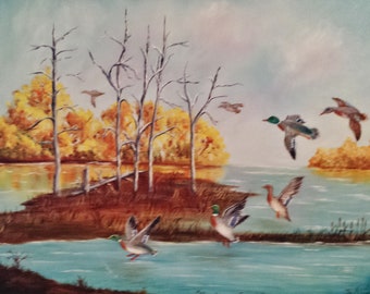 Water Fowl Flying Over and In Water, Island, Trees, Oil Painting on Canvas, Artist Signed, Vintage