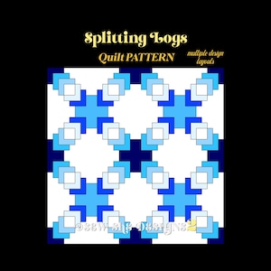 Puede incluir: Un patrón de edredón titulado Splitting Logs Quilt PATTERN multiple design layouts. El diseño presenta una cuadrícula geométrica repetitiva de cuadrados blancos, azul claro, azul medio y azul marino oscuro en un patrón estructurado.