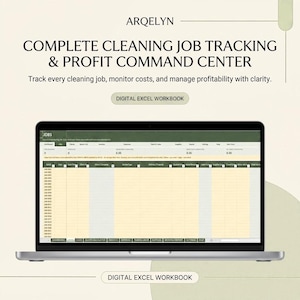 May include: A digital Excel workbook displayed on a laptop screen titled ARQELYN COMPLETE CLEANING JOB TRACKING & PROFIT COMMAND CENTER. The interface features a spreadsheet with columns for job IDs, dates, clients, expenses, and labour costs.