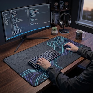 Cyber Topographic Desk Mat, Neon Circuit Mouse Pad, Dark Mode Tech Desk Pad, Minimalist Gamer Setup, XXL Gaming Mousepad, Modern Workspace