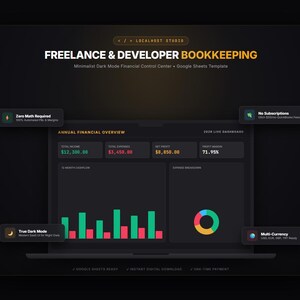 May include: A digital dashboard interface titled Freelance & Developer Bookkeeping, featuring a dark mode aesthetic with financial data, bar charts, and a pie chart. The display includes text labels for annual financial overview, income, expenses, and profit margins.