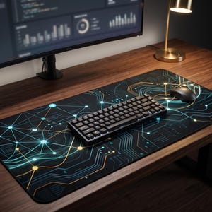Puede incluir: Una alfombrilla de escritorio rectangular con fondo oscuro y un patrón de placa de circuito en tonos azul verdoso, azul y dorado. El diseño incluye nodos y líneas interconectados que se asemejan a una red, con un teclado mecánico y un ratón negros.