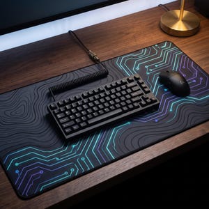 Cyber Topographic Desk Mat, Neon Circuit Mouse Pad, Dark Mode Tech Desk Pad, Minimalist Gamer Setup, XXL Gaming Mousepad, Modern Workspace