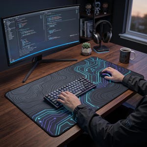 Alfombrilla de escritorio Cyber Topographic, alfombrilla de ratón Neon Circuit, alfombrilla de escritorio Dark Mode Tech, configuración minimalista para gamers, alfombrilla de ratón XXL para juegos, espacio de trabajo moderno