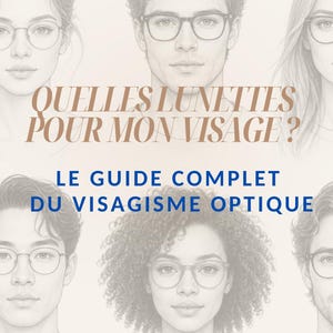 May include: A guide titled QUELLES LUNETTES POUR MON VISAGE? LE GUIDE COMPLET DU VISAGISME OPTIQUE Rédigé par un Opticien Visagiste diplômé d'État, featuring illustrations of six diverse faces wearing various styles of eyeglasses.