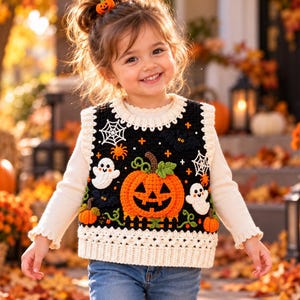 Può includere: Un gilet in maglia nero con una grande zucca arancione, fantasmi bianchi, ragnatele e piccole zucche. Il gilet presenta un colletto, giromanica e orlo a coste color crema, indossato sopra una maglia a maniche lunghe color crema e jeans blu.