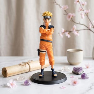 May include: A standing anime character figurine with spiky blonde hair, wearing a bright orange jumpsuit with dark blue accents and a headband featuring a metal plate with a spiral symbol. The figure stands on a circular black base.