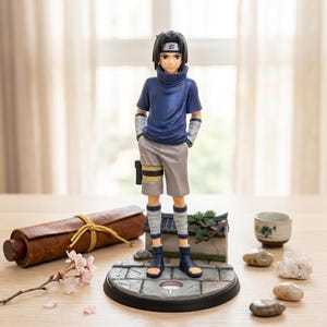 May include: A PVC anime character figurine of a young person with black hair, wearing a dark blue short-sleeved shirt, light gray shorts, and dark blue sandals. The figure stands on a stone-textured base with a red and white fan symbol.