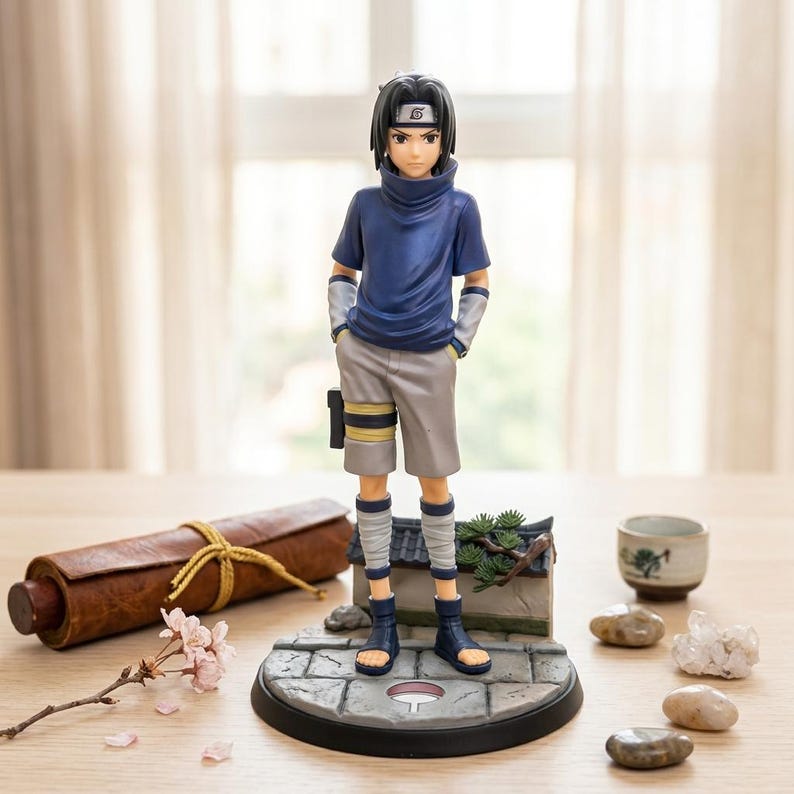 May include: A PVC anime character figurine of a young person with black hair, wearing a dark blue short-sleeved shirt, light gray shorts, and dark blue sandals. The figure stands on a stone-textured base with a red and white fan symbol.