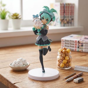 May include: A figurine of a character with teal hair styled in a large bow, wearing a grey jacket with teal trim, a black pleated skirt, and black thigh-high socks. The character holds a small white rabbit plush with a blue bow.