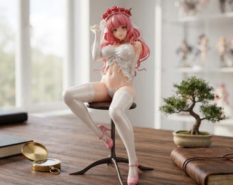 Figura de novia con cabello rosa, velo de rosas, en pose sentada, de PVC, coleccionable de anime (decoración de escritorio).