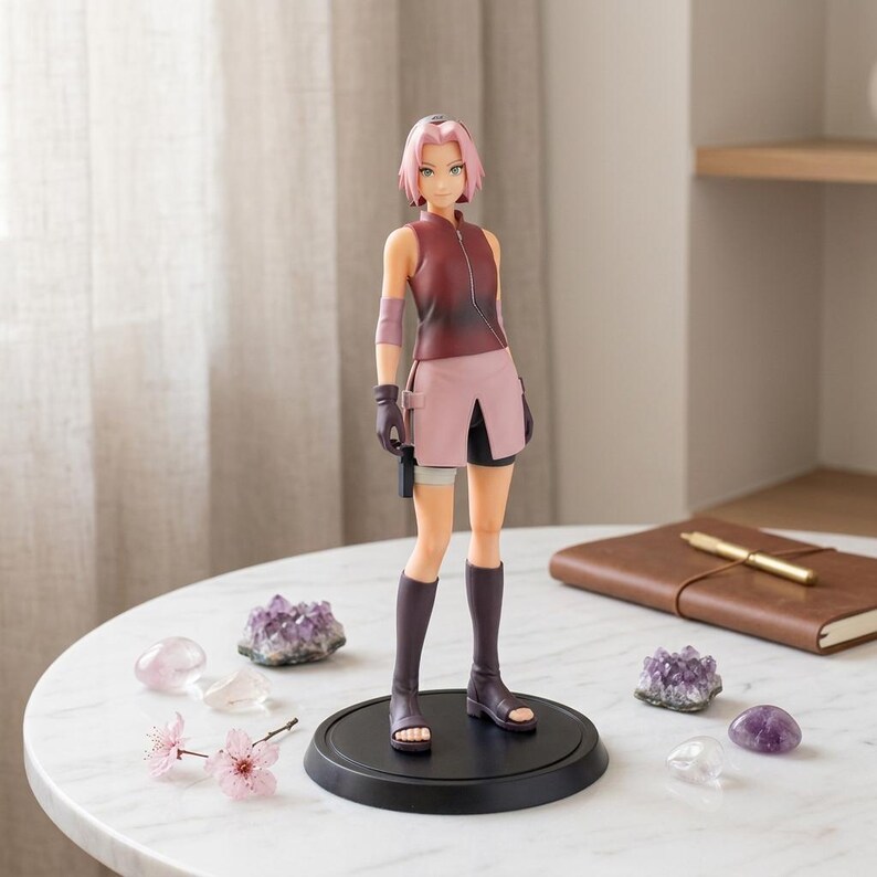 May include: A standing anime-style figurine of a character with short pink hair, wearing a sleeveless dark red top, a light pink skirt, dark purple gloves, and dark purple knee-high boots. The figure is mounted on a circular black base.