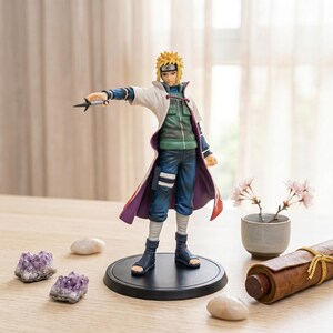 May include: A detailed anime-style figurine of a character with spiky blonde hair, wearing a green vest, dark blue pants, and a long white coat with red flame patterns at the hem. The figure holds a small black kunai knife in an outstretched hand.
