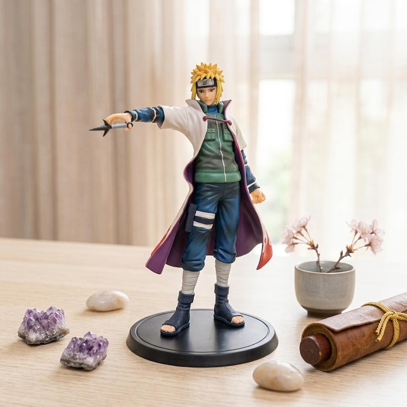 May include: A detailed anime-style figurine of a character with spiky blonde hair, wearing a green vest, dark blue pants, and a long white coat with red flame patterns at the hem. The figure holds a small black kunai knife in an outstretched hand.
