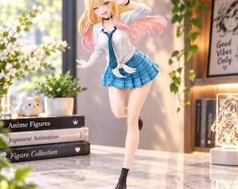 May include: A blonde anime-style figurine with pink-tipped hair, wearing a white collared shirt tied at the waist, a blue plaid pleated skirt, a dark blue necktie, black socks, and brown loafers, standing on a circular white base.