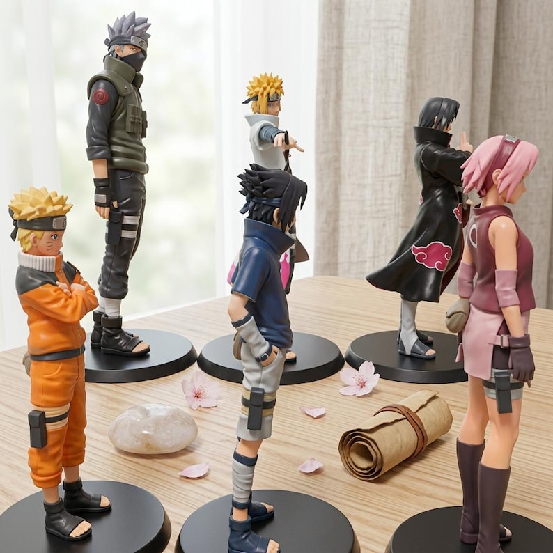 May include: A collection of six anime character figurines standing on circular black bases. The figures include characters with spiky blonde, black, silver, and pink hair, wearing various outfits like orange jumpsuits, dark cloaks, and tactical gear.