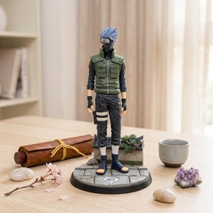 May include: A standing anime character figurine with spiky blue hair, a black face mask, and a green tactical vest over a black long-sleeve shirt. The figure wears black pants, fingerless gloves, and blue sandals, positioned on a circular stone base.