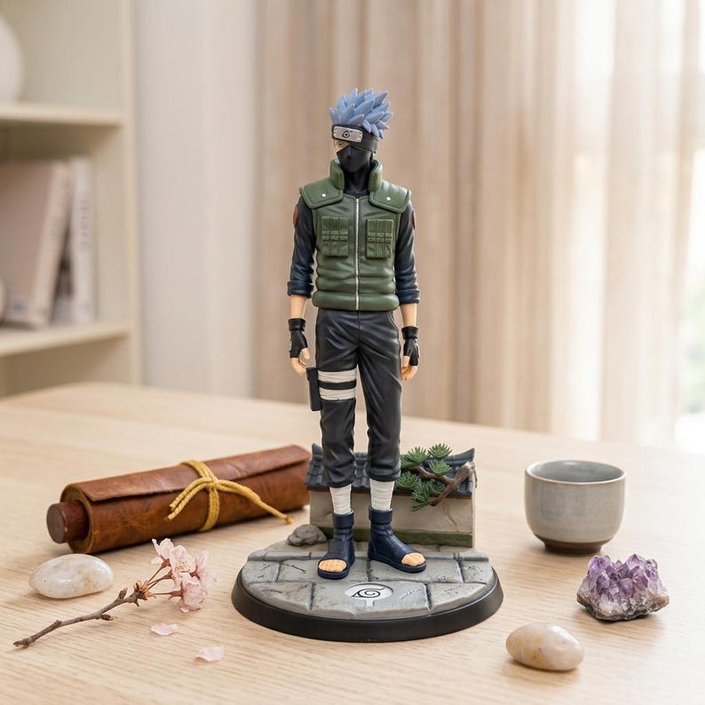 May include: A standing anime character figurine with spiky blue hair, a black face mask, and a green tactical vest over a black long-sleeve shirt. The figure wears black pants, fingerless gloves, and blue sandals, positioned on a circular stone base.