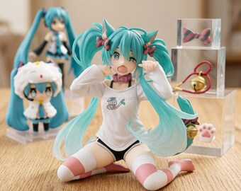 Figura de anime de 12 cm arrodillada, estilo chica anime, con orejas de gato y ropa de estar por casa, de PVC (detalles pintados a mano).