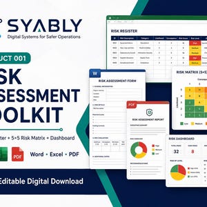 May include: A digital risk assessment toolkit by Syably featuring a risk register, risk assessment form, risk matrix, risk assessment report, and risk dashboard. The documents are available in Word, Excel, and PDF formats as an editable digital download.