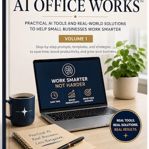May include: A book titled The AI Office Works Volume 1 featuring a laptop displaying Work Smarter Not Harder, a dark blue mug with a star icon, a spiral notebook with text, a black pen, and a small potted plant on a wooden desk surface.